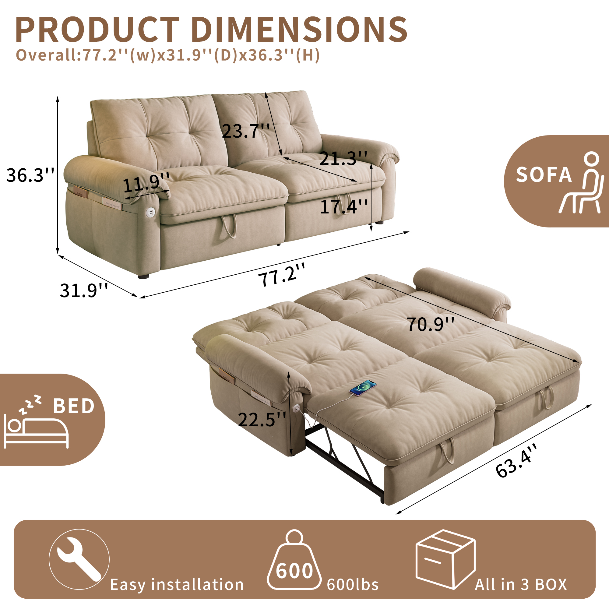 Kosynda 77"W Pull Out Couch with USB, 3 in 1 Convertible Sofa Bed with Storage Pockets, Folding Loveseat Sleeper Sofa for Living Room, Bedroom, Office, Small Space, Light Brown