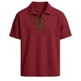 thumbnail image 4 of FINALGANG Mens Solid Color Polo Neck Short Sleeve Waffle Knit Lace Up TShirt For Casual Daily Wear Bohemian Style Outings Themed Party Activities Red S, 4 of 8