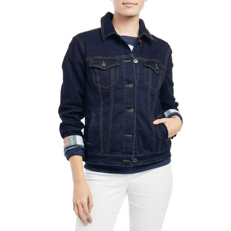 Plaid Trim Denim Jacket Women's