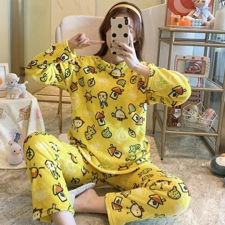 

Autumn Winter New Warm Flannel Women s Pajamas Set Long-sleeved Trousers Two-piece Set Cute Soft Home Wear Clothes for Women