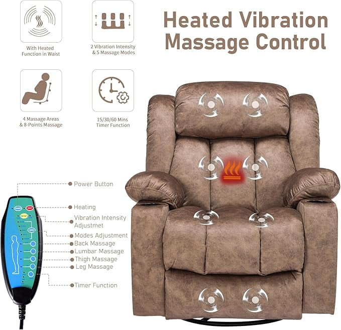 EPICOZY Swivel Rocker Recliner Chair with Heat and Massage, Manual Glider Rocking Reclining Chair, 360° Swivel Overstuffed Lounge Chair with 2 Cup Holders, Side Pockets & USB Ports, Fabric Brown
