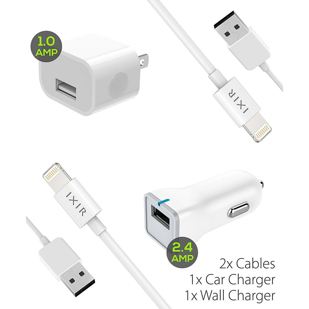 Apple iPhone X Charger Apple Lightning Cable Kit by Ixir {Wall Charger + Car Charger + 2 Cable