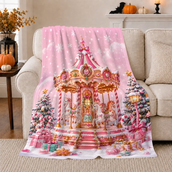 Winter Carousel Christmas Trees Ornaments Pink decorative motif Theme, Festive Holiday Scene, Warm Flannel Blanket for Living Room and Family Room, Art Lovers Christmas Gift, Festive Home Decor