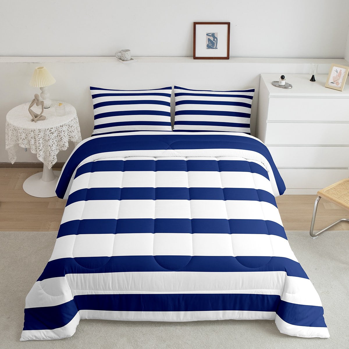 Manfei Geometric Stripes Comforter Sets Twin Size, Navy White Down Comforter, Teenager Boys Girls Reversible Bedding Twin Comforter Set, Microfiber Room Decorative, 2pcs