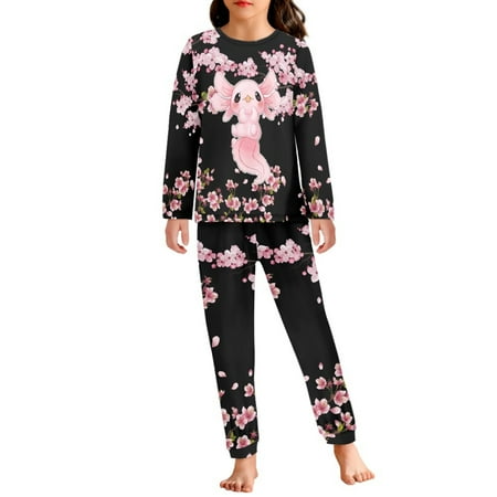 SEANATIVE Pink Axolotl Pajamas Kids 11-12 Years Cherry Blossom Nightwear Set 2 Piece Girls Long Sleeve Pajamas Tops and Pants Children Pajama Pattern Pj Lounge Sets