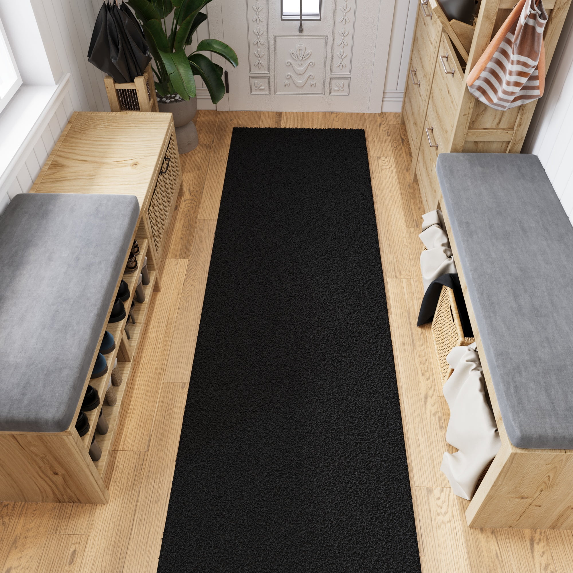 Ottomanson 3x21 Non-Slip Shag Runner Rug Plush Carpet for Bedrooms & Hallways, 3' x 21', Black