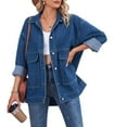 thumbnail image 3 of Women'S Jean Jacket Oversized Boyfriend Button Up Long Sleeve Split Denim Jackets Dark Blue S, 3 of 9