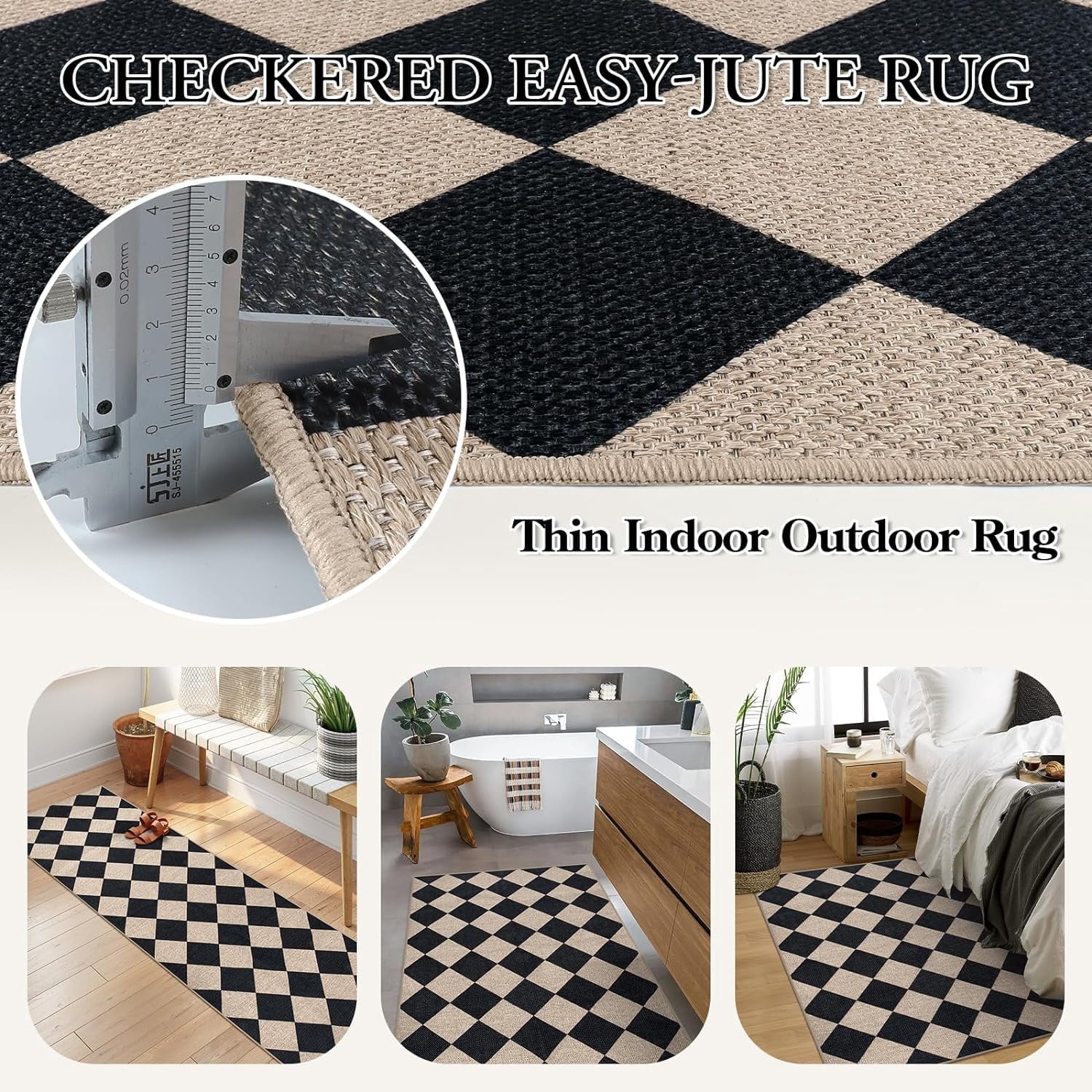 Lahome 3'x5' Checkered Easy Jute Area Rug,Outdoor Patio Rug Washable Rugs for Entryway Checkerboard Indoor Outdoor Living Room Classroom Rugs,Farmhouse Neutral Non Slip Black Carpet for Bedroom
