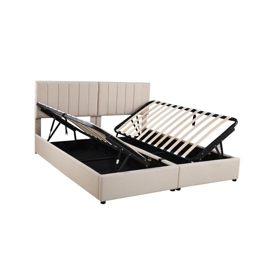 King Size Lift up Storage Bed Frame, Upholstered Platform Bed with Headboard & Hydraulic Storage & Wood Slats Support, No Box Spring Needed, Beige