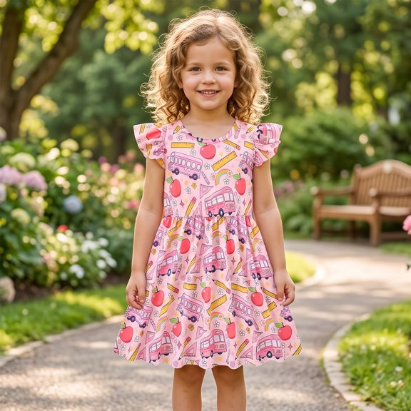 Toddler Girl Dress Sleeveless Print Design Ruffled School Ready Charming Sweet for Summer and Casual Dress Set