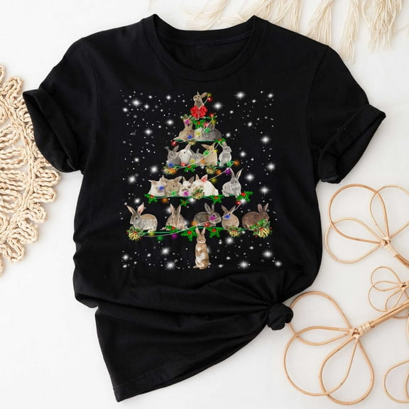 Rabbit Christmas Tree T-Shirt, Funny Rabbit Lover Gift, Bunny Christmas Lights Shirts, Christmas Shirts for Women Men