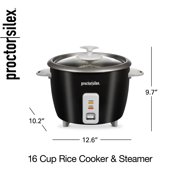 Proctor Silex 16 Cup Rice Cooker & Food Steamer with Steam & Rinse Basket, Black