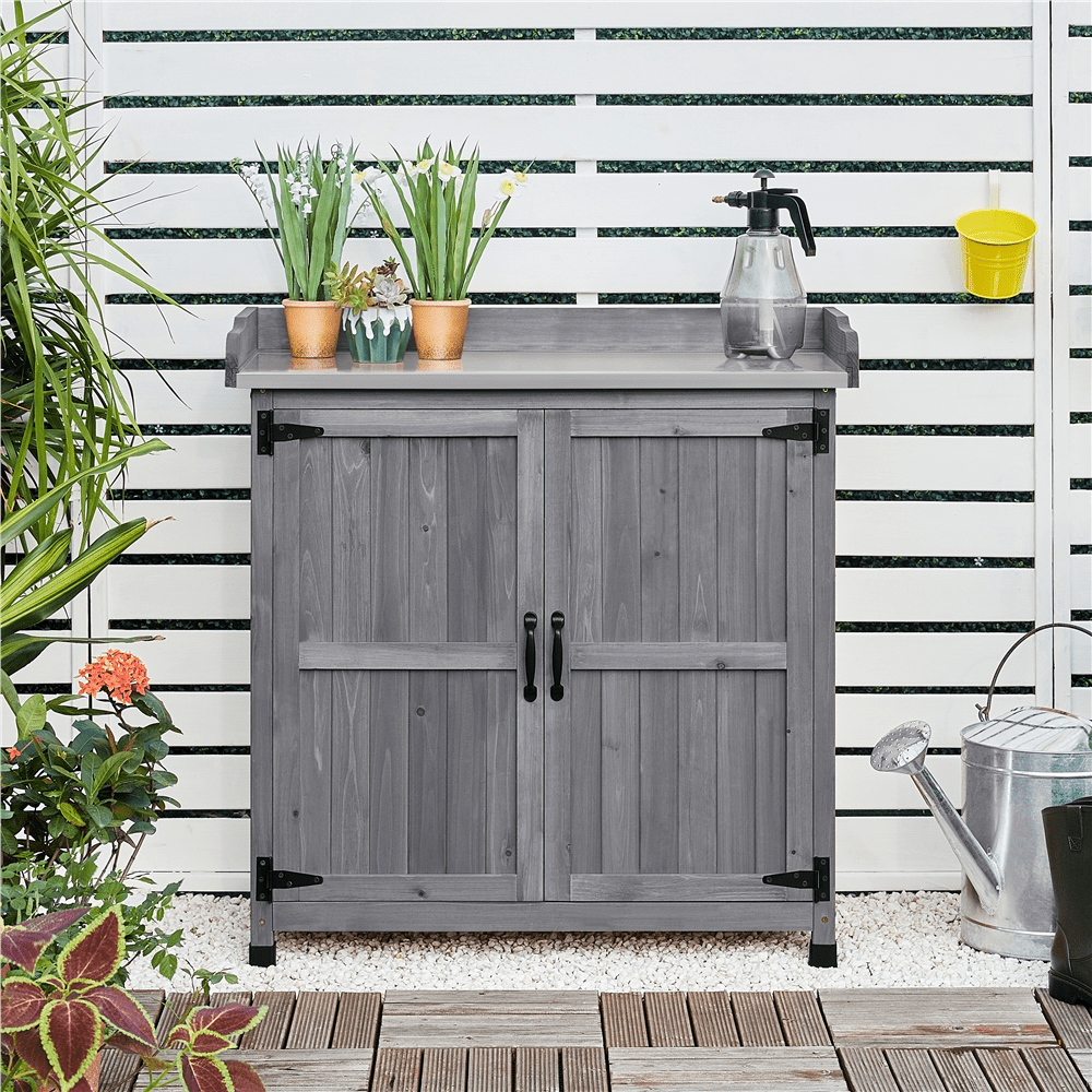 Renwick Garden Potting Bench Table with Cabinet, Gray