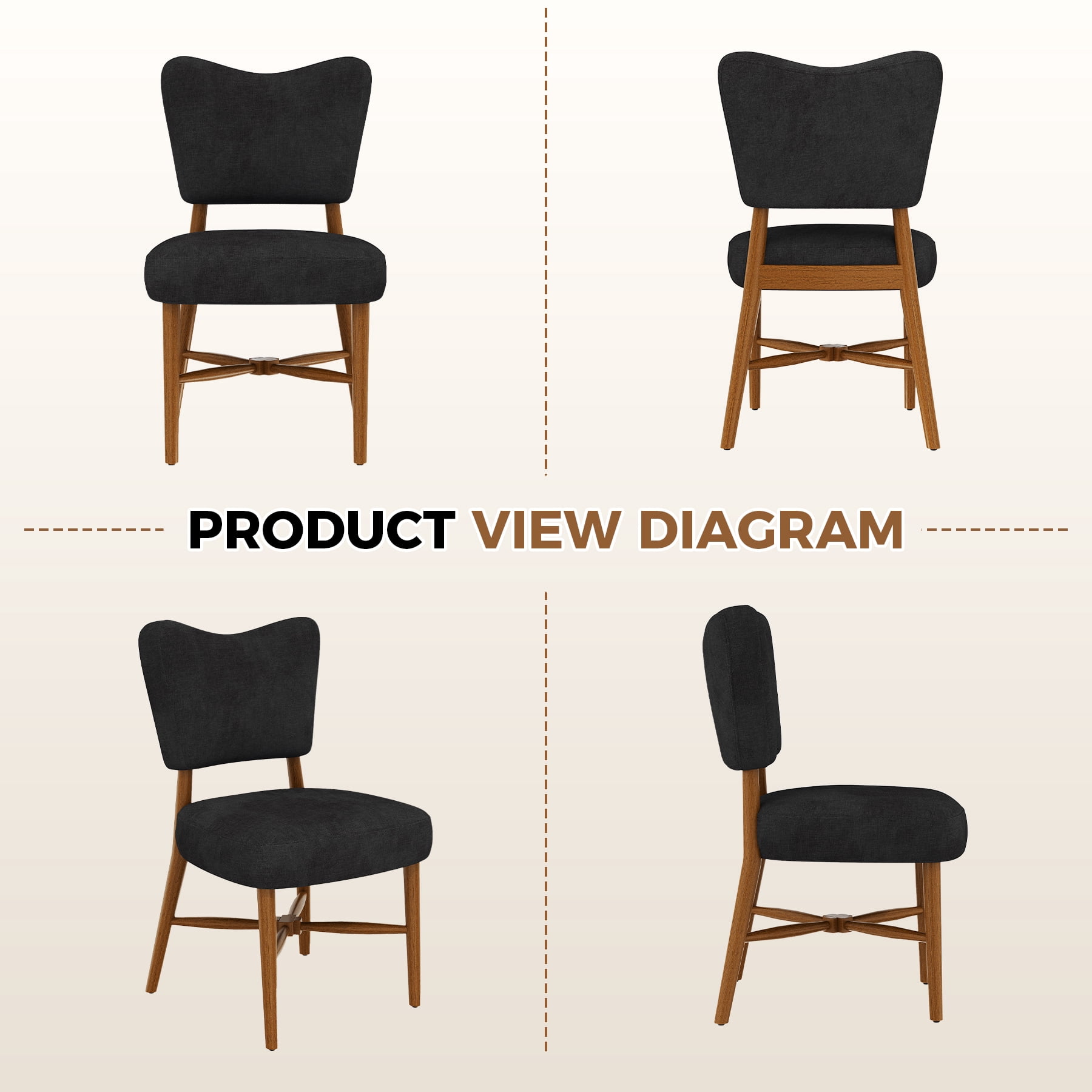 MOONMISS Upholstered Dining Chairs(Set of 2), Modern Farmhouse Accent Chairs with Solid Wood Legs, Fabric Kitchen & Dining Room Chairs,Black