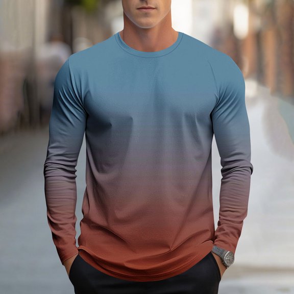 WXLWZYWL Mens Gradient Tops Crew Neck Long Sleeve Shirt Ombre Print Soft Breathable Relax Fit Men Daily Walking Outdoor Casual Basic Pullover Tee