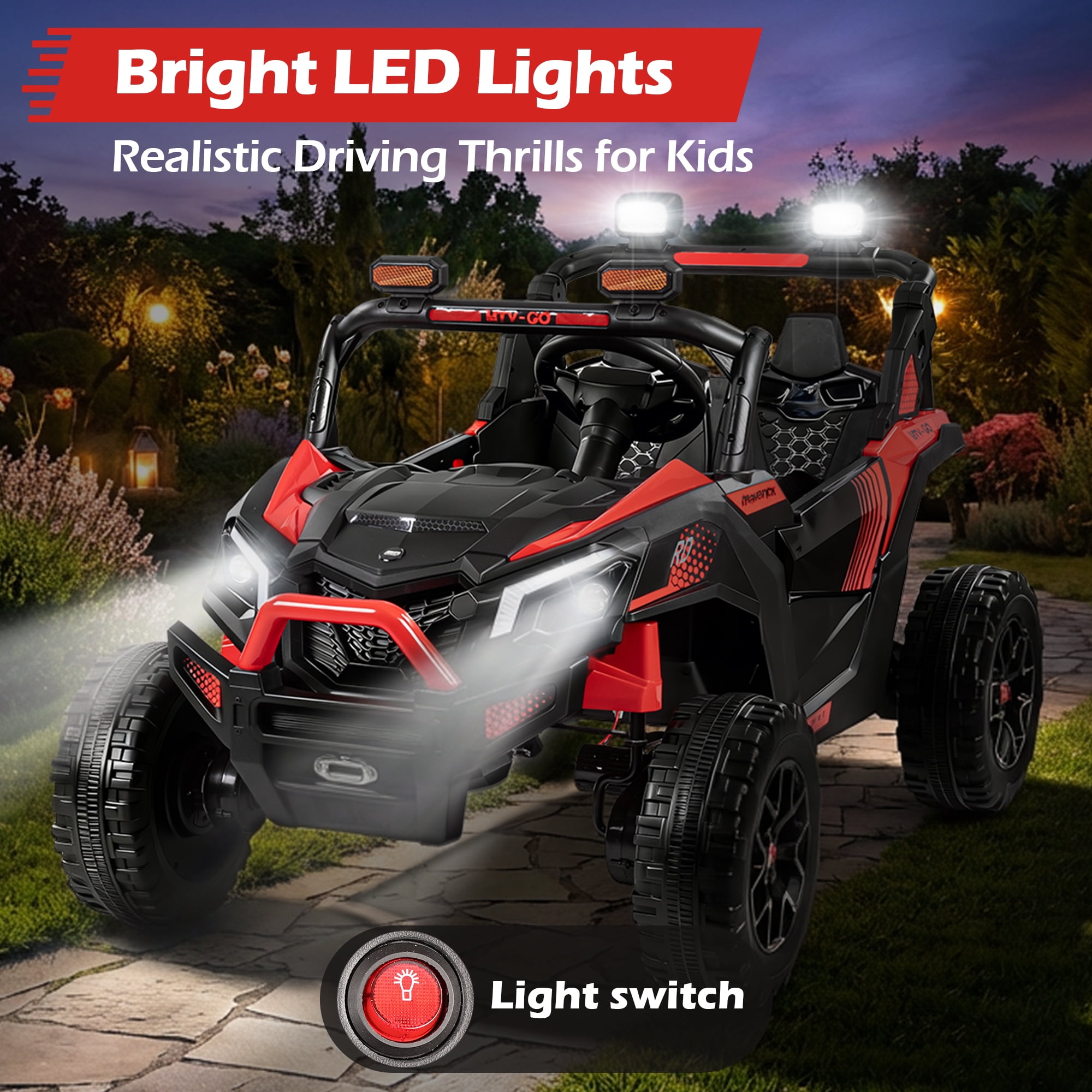 Wisairt 24V Ride on Toys 4WD Ride on Cars with Remote Control, 2 Seater Electric Car for Kids, Power Car Wheels, UTV w/ Four Motors, Music, LED Lights, Wireless Audio, 3 Speeds, Red