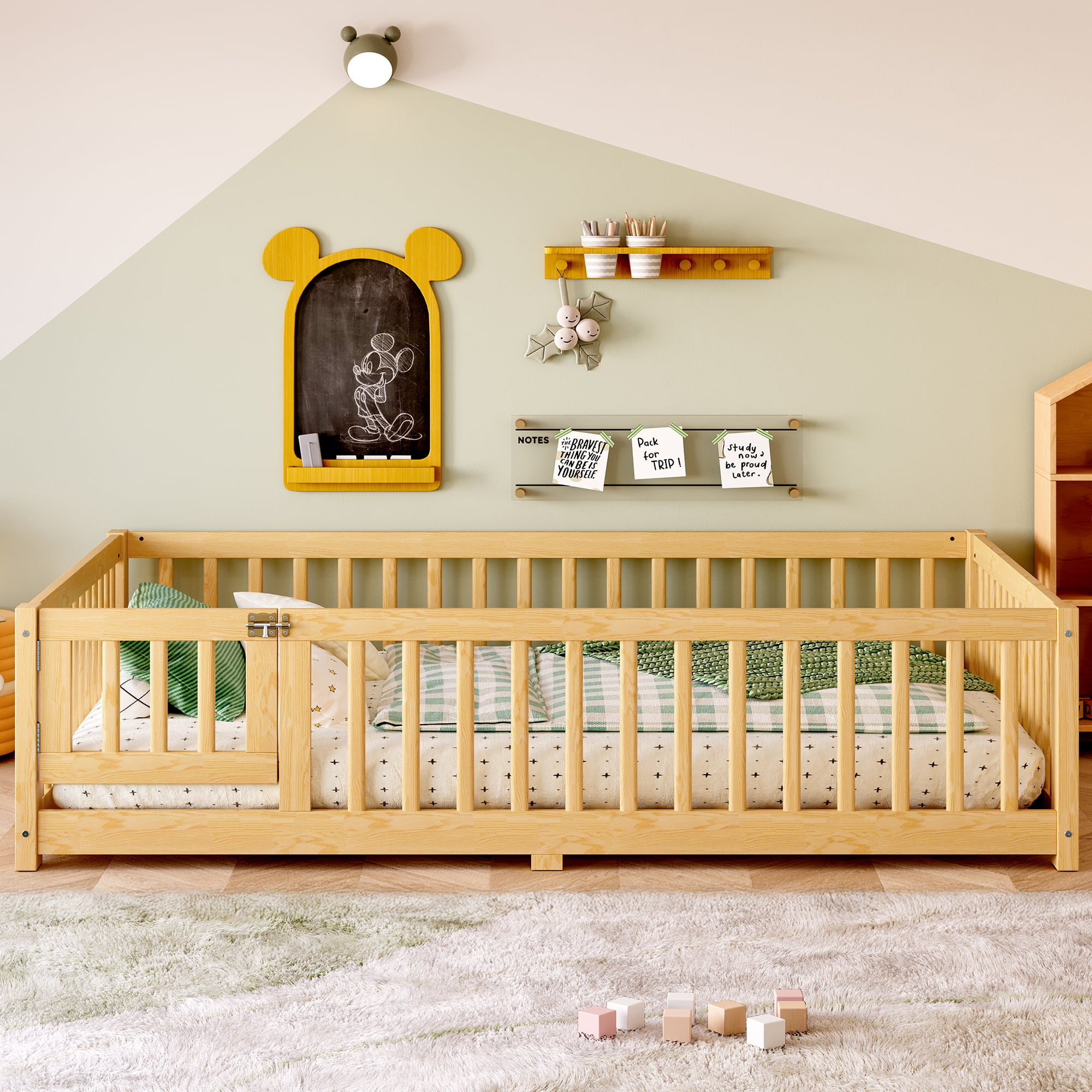 Jopath Full Size Floor Bed Frame,Montessori Bed with Guardrails and Door,with Slatted Base,for Kids,Boys,Girls,Natural