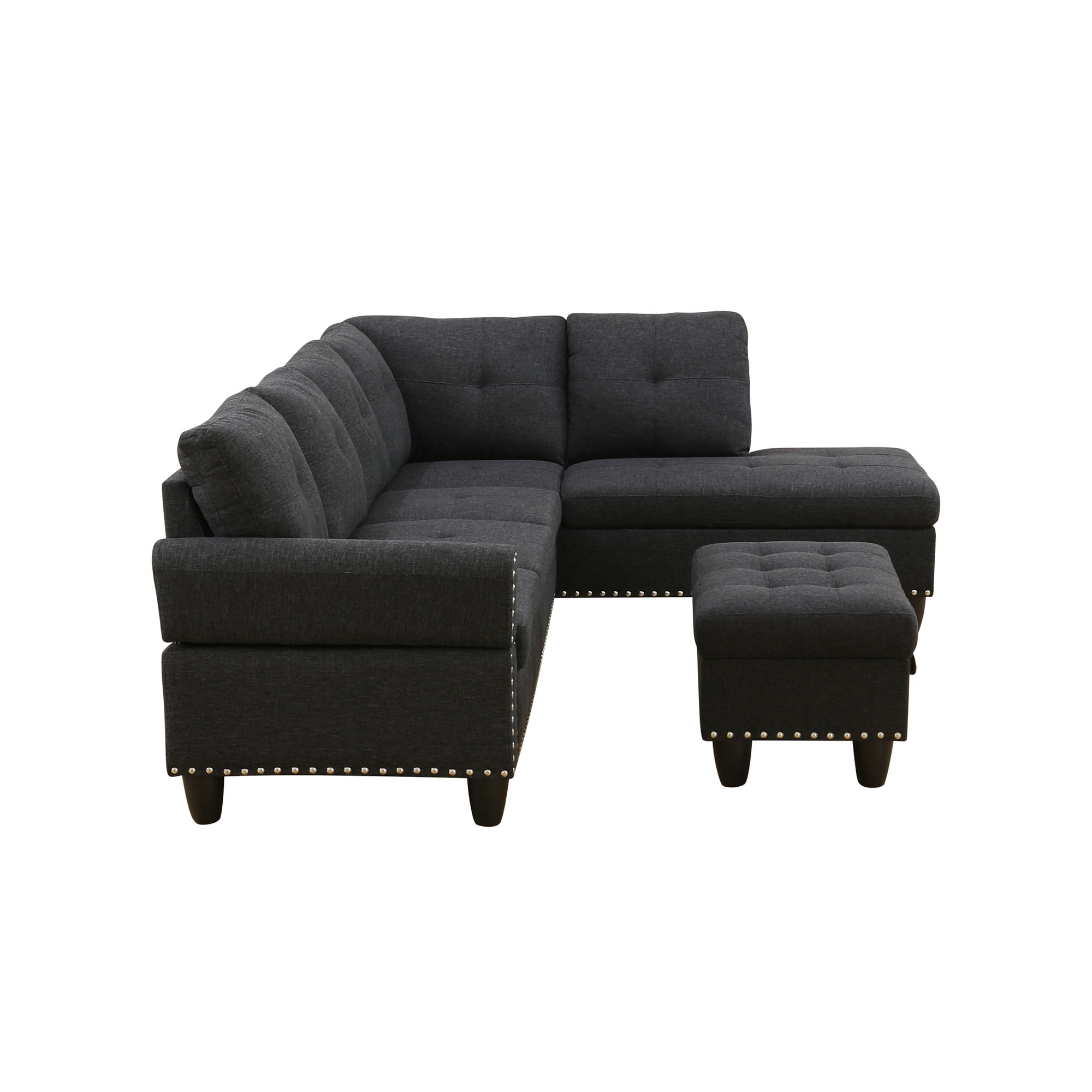 MAYEERTY 97.5" Linen Sectional Sofa, 3-Piece Modular Couch Living Room Sofa Set with Ottoman, Black (Right)