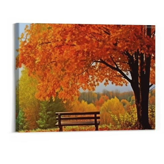 Shiartex  Autumn Paintings Aesthetic Fall Canvas Wall Art for Home Office Decor - Yellow Fallen Leaves and Chair Pictures Print On Canvas Artwork Ready to Hang 20x16 Inch