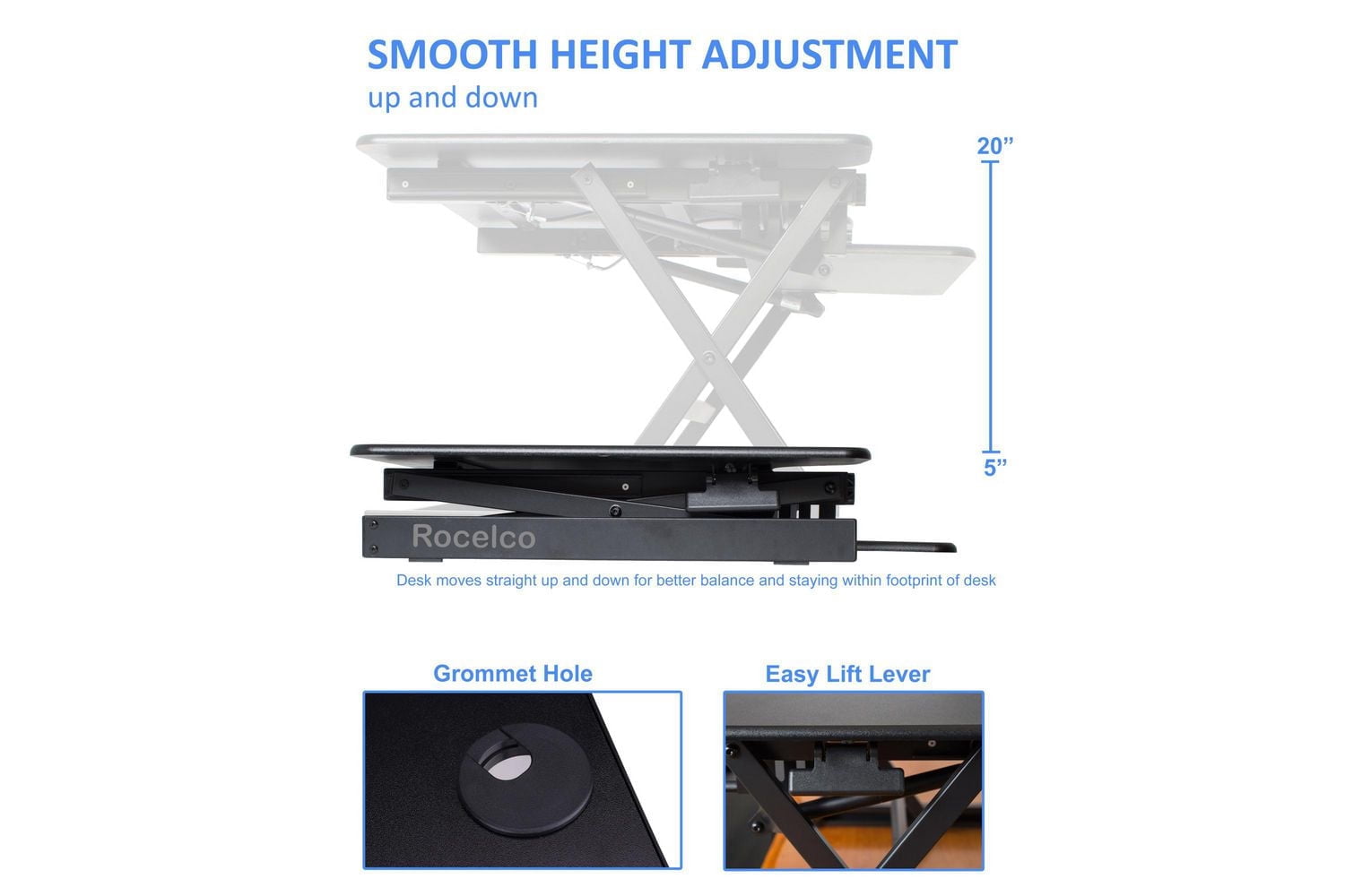Rocelco 40" Mobile Large Height Adjustable Standing Desk BUNDLE - Rolling Sit Stand Up Dual Monitor Riser - Gas Spring Assist Computer Workstation - Retractable Keyboard Tray - Black