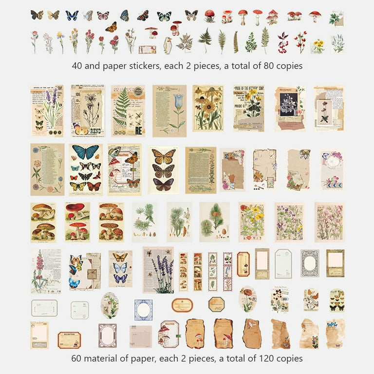 60 Pcs Vintage Memo Sticker, Scrapbook Stickers, Junk Journal Kit,  Ephemera, Label Tag, Butterfly, Insects, Flowers, Retro Writing Paper
