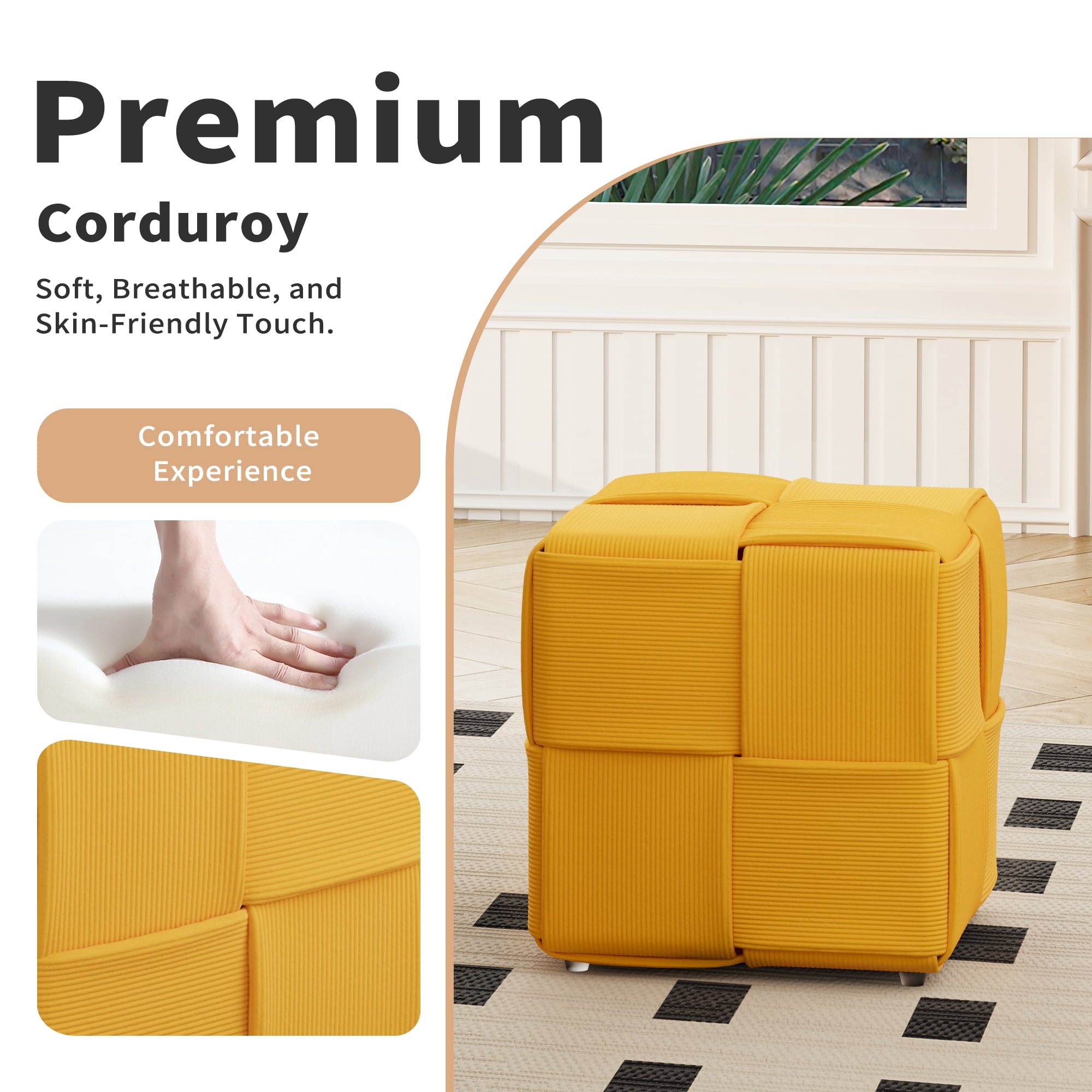 Corduroy Ottoman Foot Rest, Square Upholstered Stool with High-Density Foam and Wood Frame, 300 Lbs Capacity, Multi-Purpose Footstool for Living Room Bedroom Nursery, Yellow