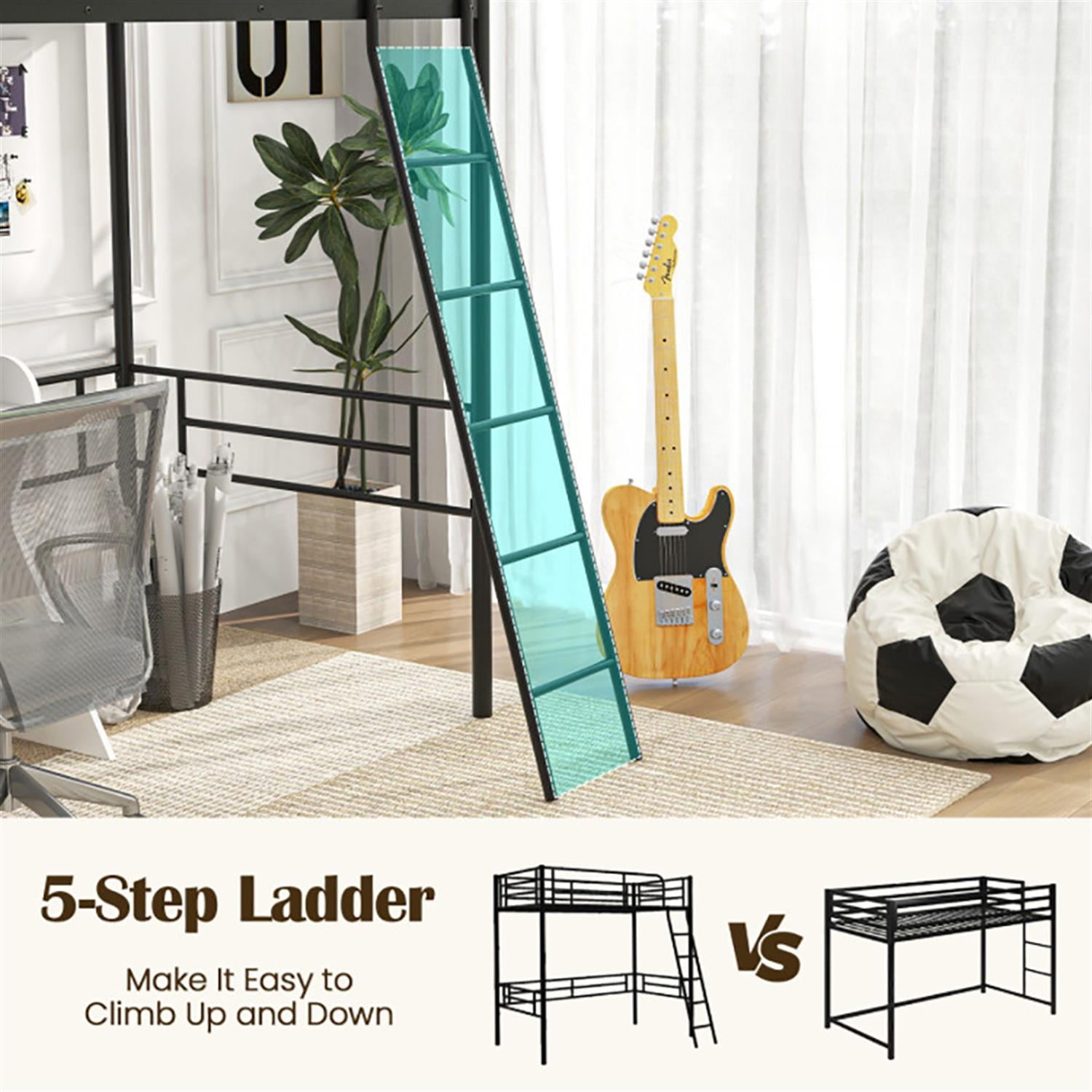 Demi Bonn Twin Metal Loft Bed Frame with Ladder and Metal Slats Support, Twin, Black