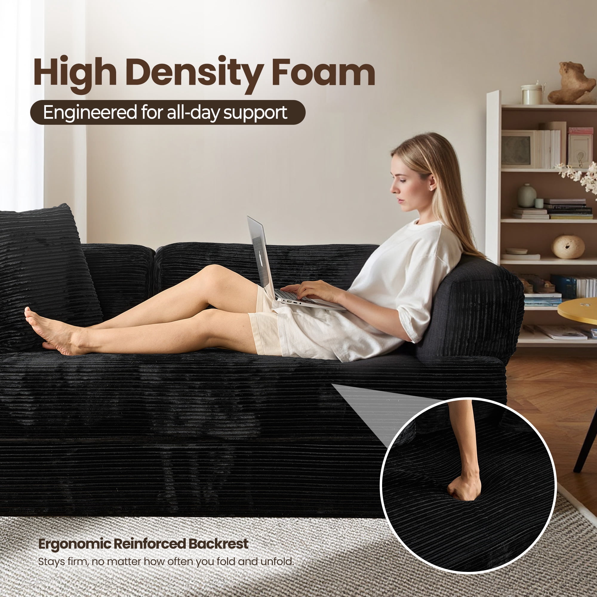 Toject 81" Convertible Sleeper Sofa Bed, Cloud Corduroy Floor Couch with Pillow, Comfy Foldable Couch Sofa Bed for Living Room, Bedroom, Black