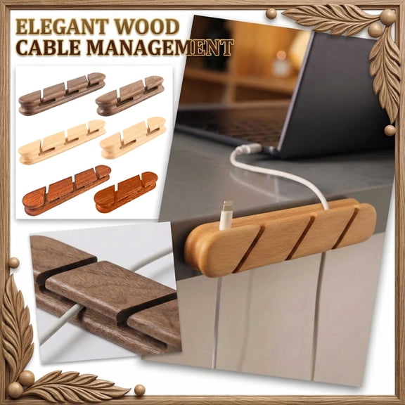 Solid Walnut Cable Holder & Cord Organizer,Adhesive Cable Clips for Desk,Under Desk,Wall,Bedside & Car,Wood Cable Management for Home Office,Phone Charging & USB Cables