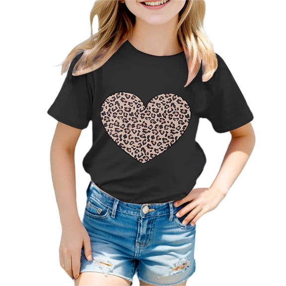 XAOFW Girl's T-Shirts Short Sleeve Crewneck Leopard Heart Printed Kids Fashionable T Shirts Daily Wear Relaxed Fit Tee Shirts Holiday Vacation Versatile Cozy Toddler Tops