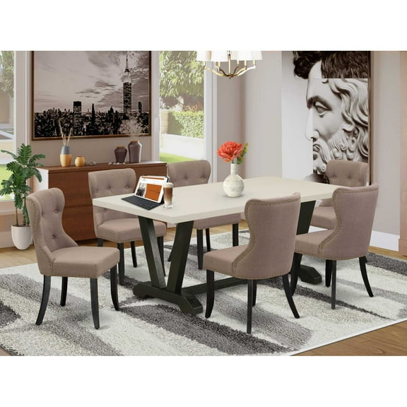 East West Furniture 7-Piece Modern kitchen table set an Excellent Distressed Jacobean Kitchen Rectangular Table Top and 6 Excellent Linen Fabric Parson Chairs with Nails Head and Stylish Chair Back, L