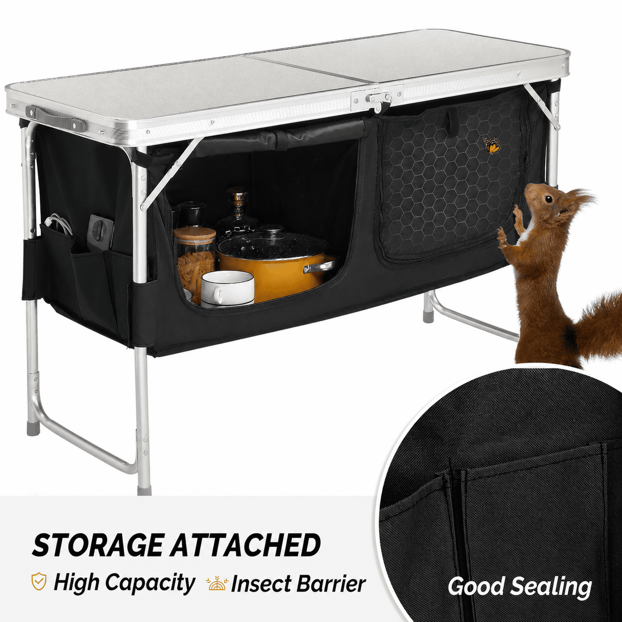 4FT Portable Folding Camping Table with Storage, Aluminum Outdoor Cooking Station with 2 Adjustable Legs, Black