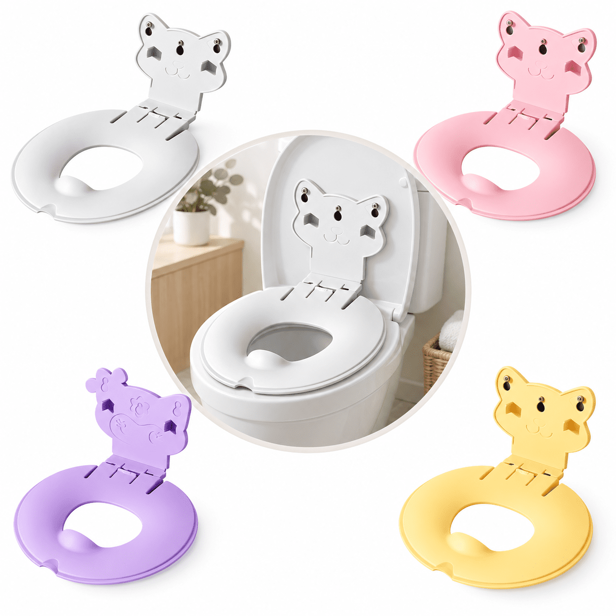 Flip-Down Toddler Toilet Training Seat, Foldable Potty Training Seat Reducer with Child-Friendly Backrest Design for Kids Bathroom Routine and Toilet Learning, Yellow