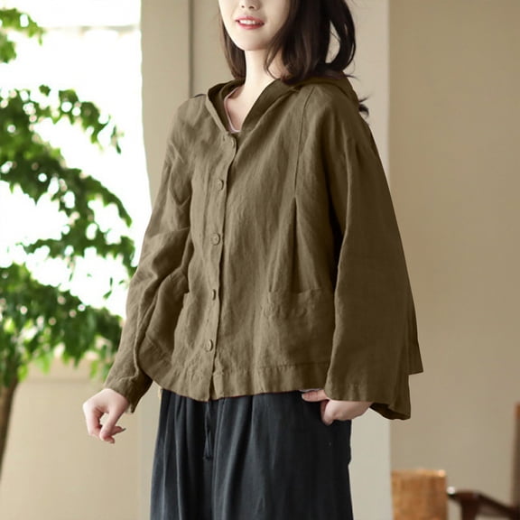 RKSTN Jackets for Women Cotton Linen Sun Protection Hooded Lightweight Jacket Women Long Sleeve Buttons Jacket with Pockets (Khaki ,XXL)