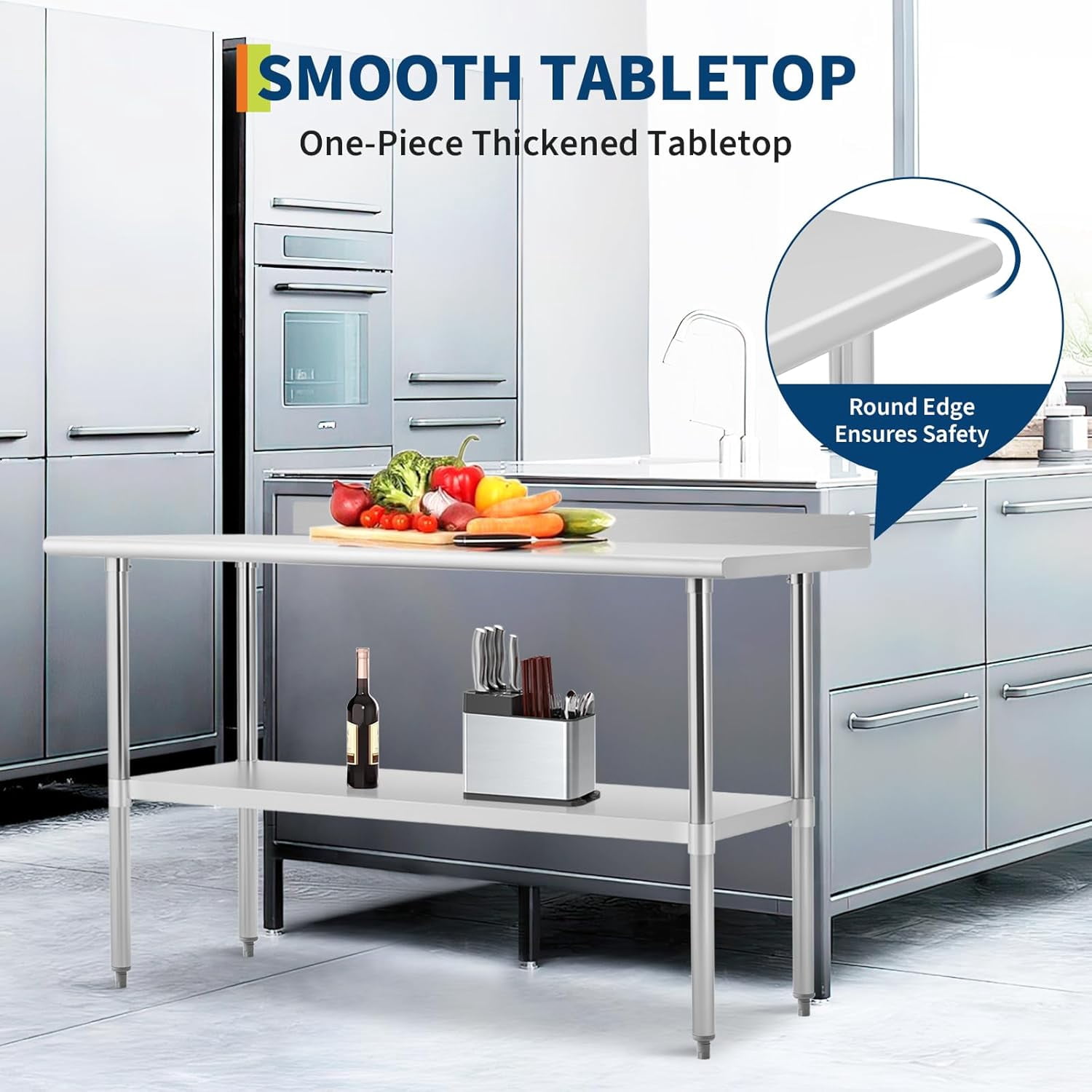 Stainless Steel Prep Table, 2-Tier Work Table with Backsplash & Adjustable Shelf,Heavy-Duty Metal Commercial Work Table for Outdoor Use,Restaurants,Hotels,Workshops,Kitchens,Gardens and Garages