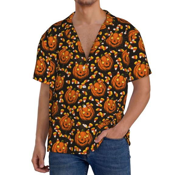 Logiee Quirky Corn Pumpkin Print Men's Button Down Shirts Short Sleeve, Summer Beach Shirts,Vacation Wedding Shirts,Men's Casual Button-Down Shirts with Pocket-Small