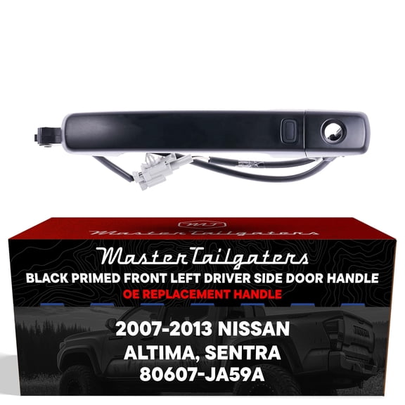 Master Tailgaters Exterior Door Handle Black Primed Replacement for Nissan Altima Coupe 08-13/Sedan 07-12/Hybrid 07-11, Sentra 07-12 OE Part # 80607-JA59A | Front Left Driver Side w/Keyhole Cover