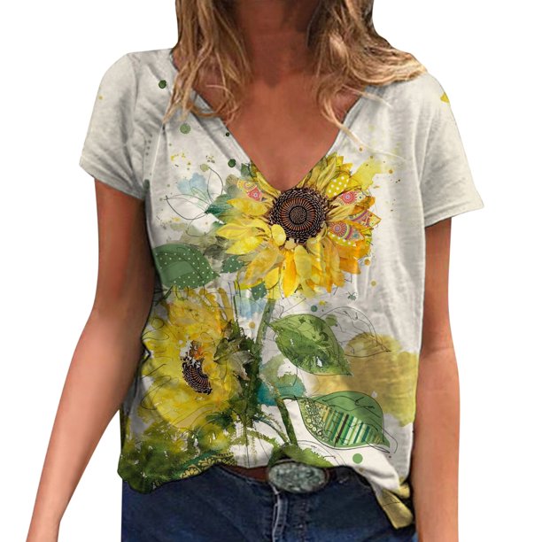 Gibobby Camisa moda Camisetas de verano de manga corta de talla grande para mujer, camisetas de entrenamiento informales con cuello en V, túnica Floral suelta, camisetas básicas(Verde, L)