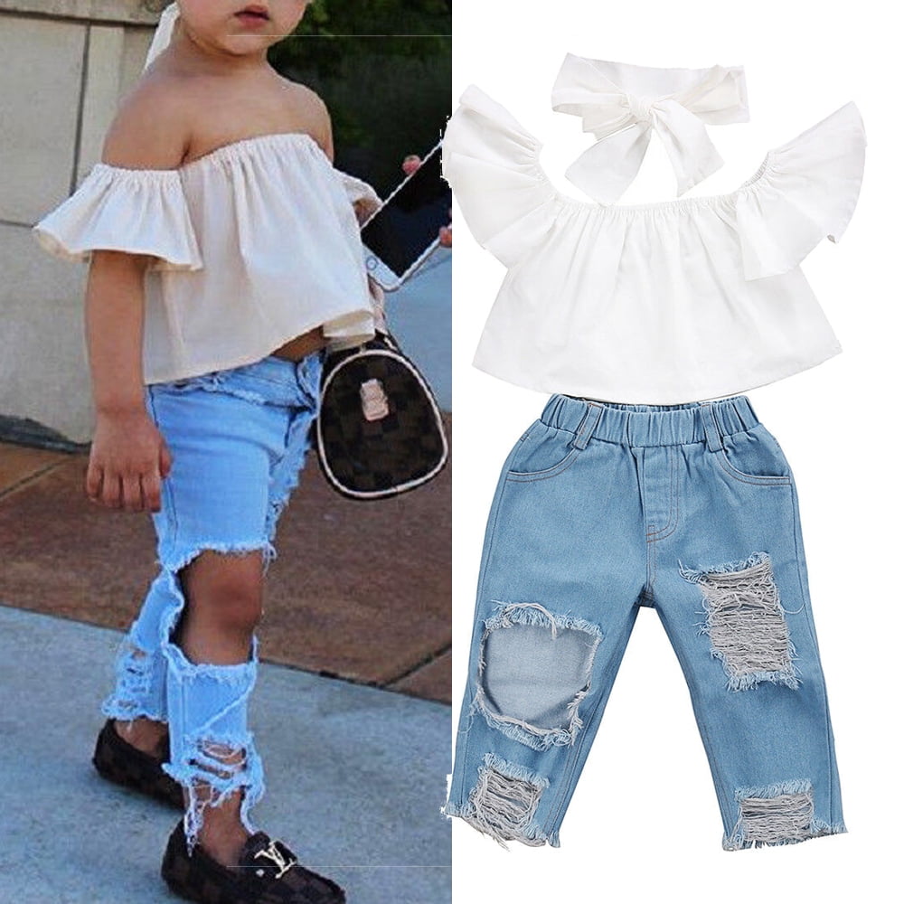 3PCS Toddler Kids Baby Girl Off Shoulder Tops+Denim Shorts Pants+Headband Outfit