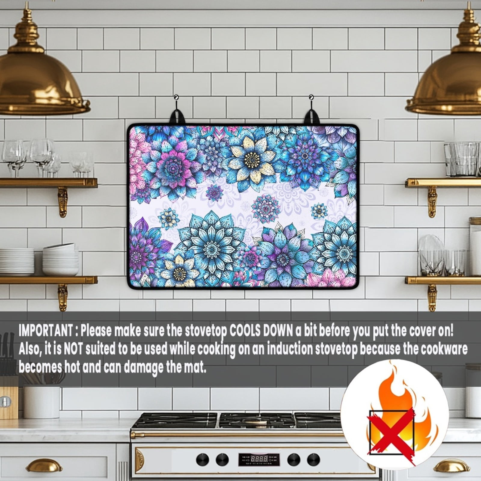 Renewold Glass Top Stove Cover Electric Stove Mat Foldable Non-slip Cooktop Mat Multipurpose Washer Dryer Top Protector Range Cover for Kitchen Counter, Bohemian Flower Blue