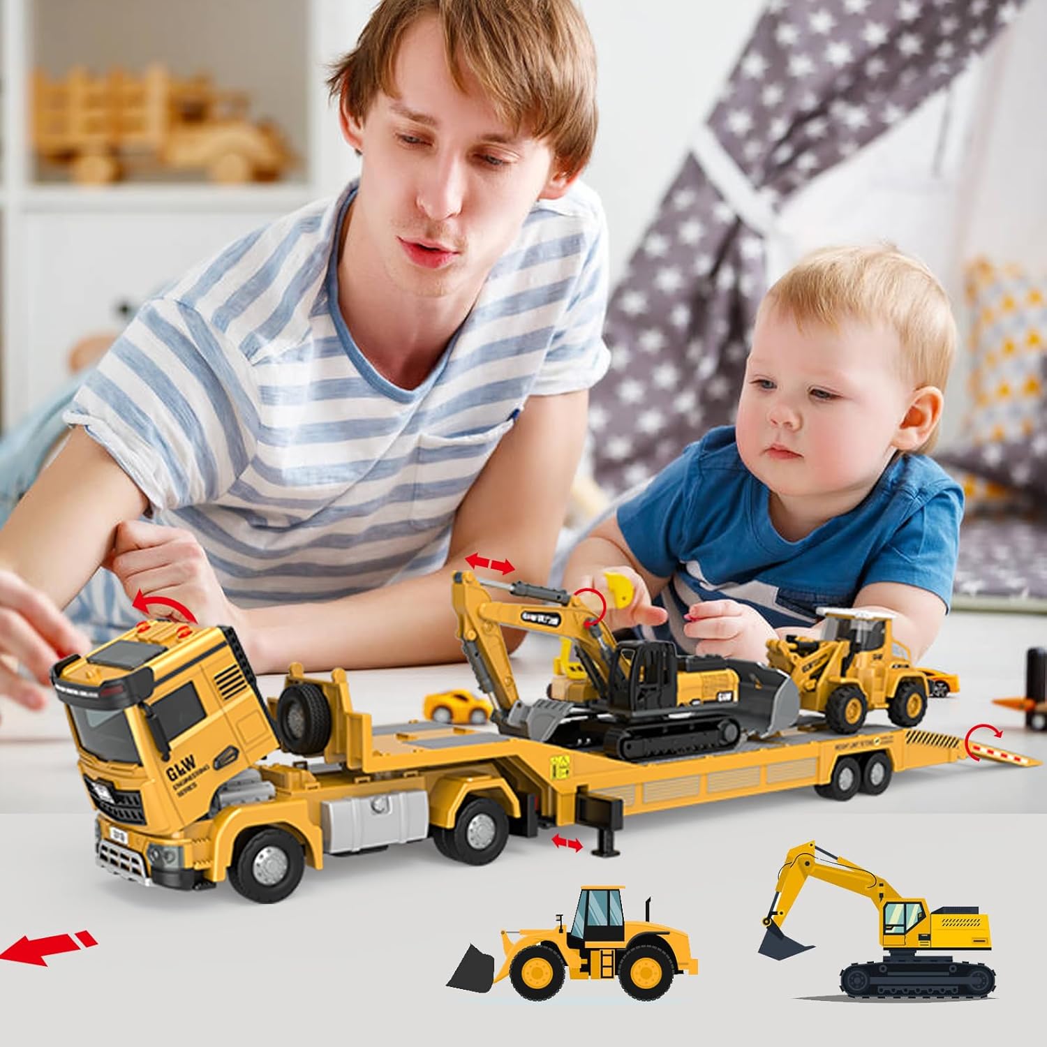 LINXUXIE Construction Toys Set, Kids Engineering Vehicles with Truck & Excavator & Bulldozer, Birthday Gifts for 1-3 3-5 5-8 Year Old