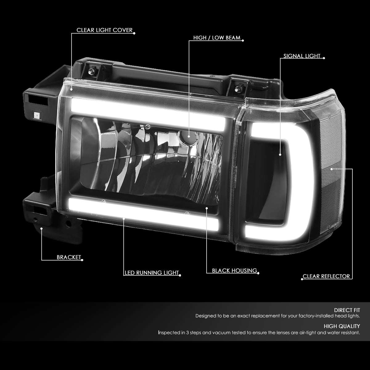 DNA Motoring HL-LB-F15087-BK-SM-CL1 Pair LED DRL Headlight Corner Lamps For 1987-1991 Ford Bronco F-150 F-250 F-350,Black Smoked Clear