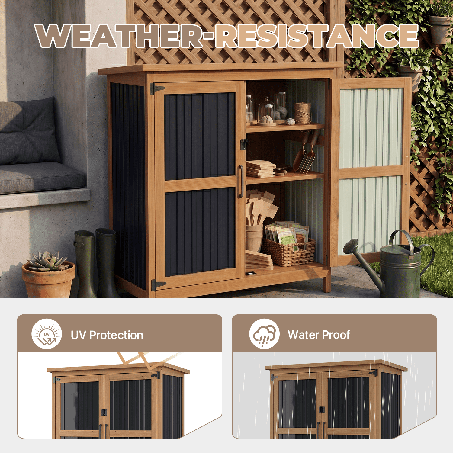 BaPiPro Outdoor Storage Cabinet, 2.6'x1.1' Wood Storage Shed with Lockable Doors, Waterproof Garden Tool Cabinet with Removable Shelf for Patio, Backyard