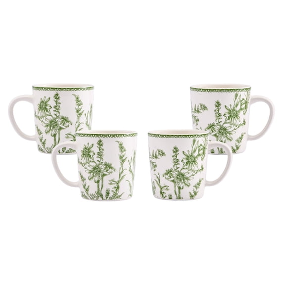 Bico Green Garden Toile De Jouy Ceramic Coffee Mugs Set of 4, 18 oz Large Tea Cups with Handle, Aesthetic Latte Mugs for Cappuccino Cocoa, Lead-Free, Dishwasher and Microwave Safe, Housewarming Gift
