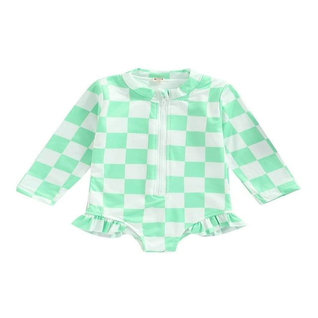 QJUHUNG Kid Baby Girls One Piece Swimsuit Long Sleeve Zipper Swimwear Ruffle Rashguard Bathing Suits Beachwear