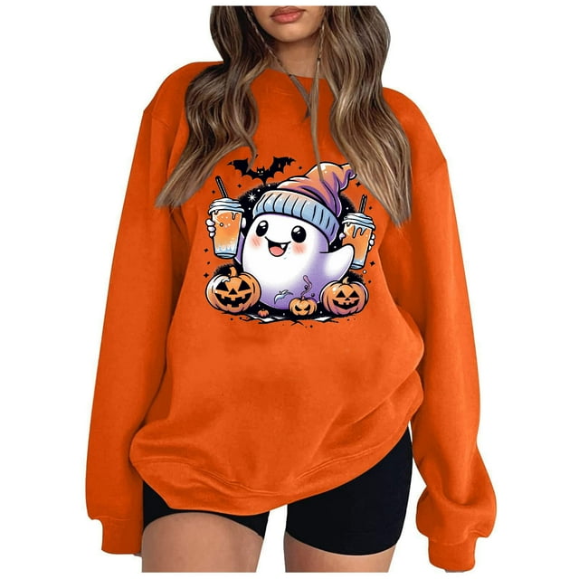 Pisexur Chandail en Molleton d'Halloween pour Femmes en Molleton Ample Automne Orange Manches Longues Col Rond Mode Citrouille Graphique Chandails en Molleton Chandails à Capuchon d'Halloween Chandail