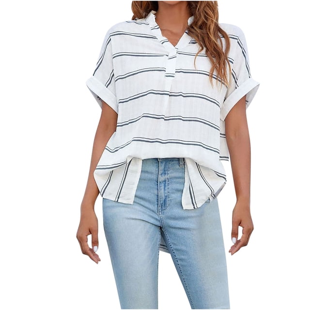 Birdeem Chemise à Manches Courtes Col en V Rayée Fine Grand Rayée pour Femmes