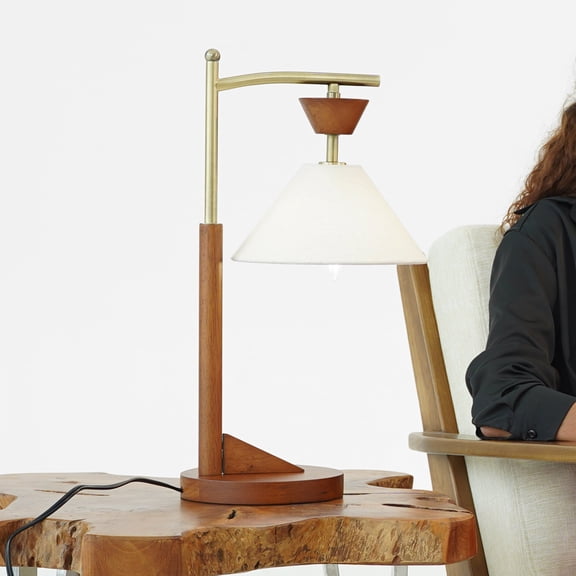 Noaman Bedside Desk Lamp with Solid Wood Base & Linen Shade, 20in Height Eye Protection LED Light for Bedroom, Study, Living Room, Brown