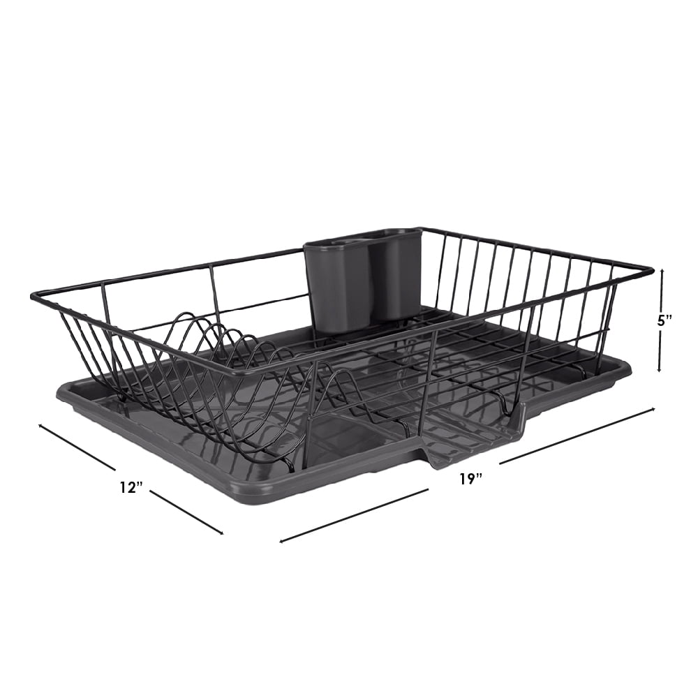 Home Basics 3 Piece Rust-Resistant Vinyl Dish Drainer with Self-Draining Drip Tray, Plastic Black