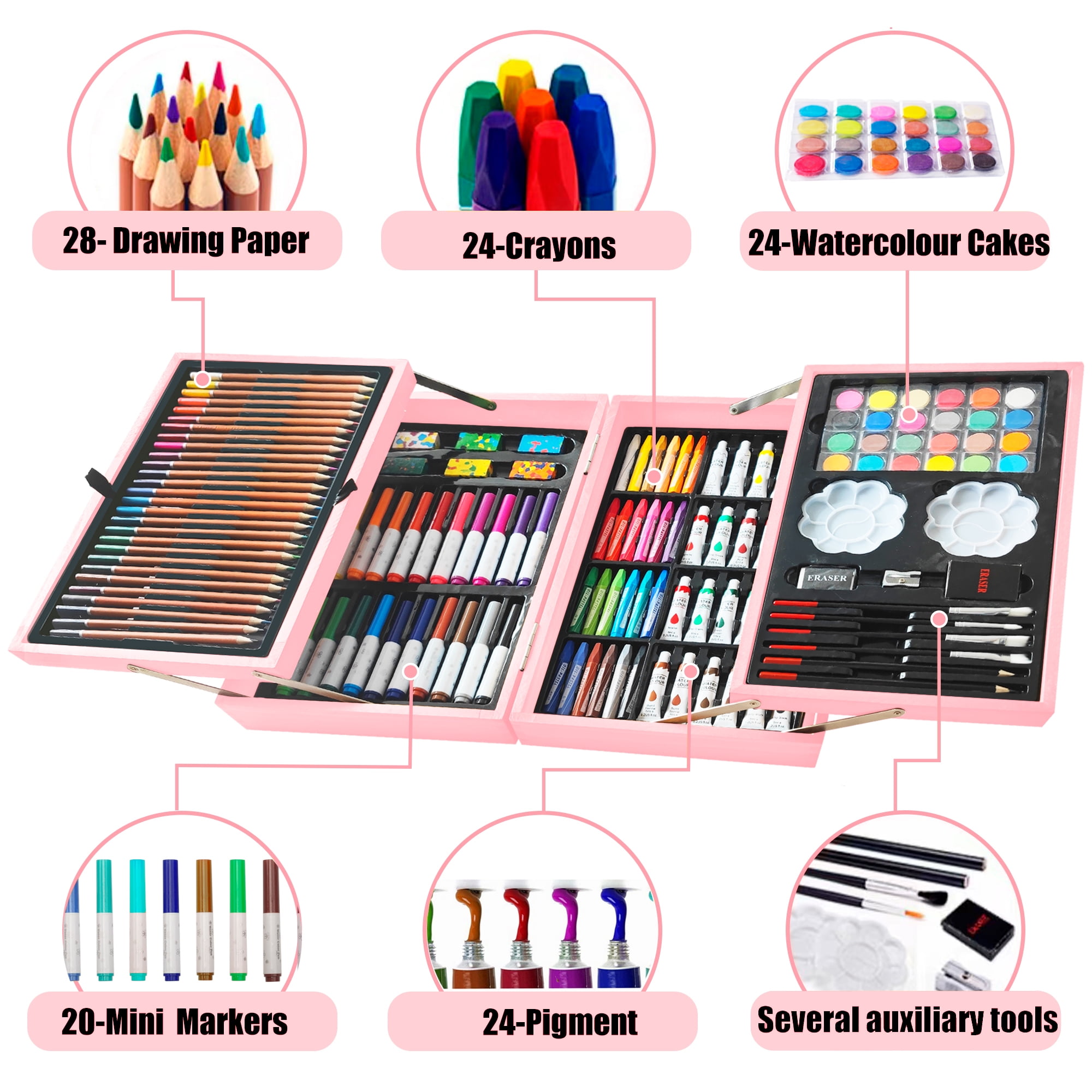 KINSPORY 139 pack Deluxe Portable Double Layers Wooden Coloring Drawing Kit with Sketch Pads, Art Set Gift for Artist Adults Beginners Kids (Pink)